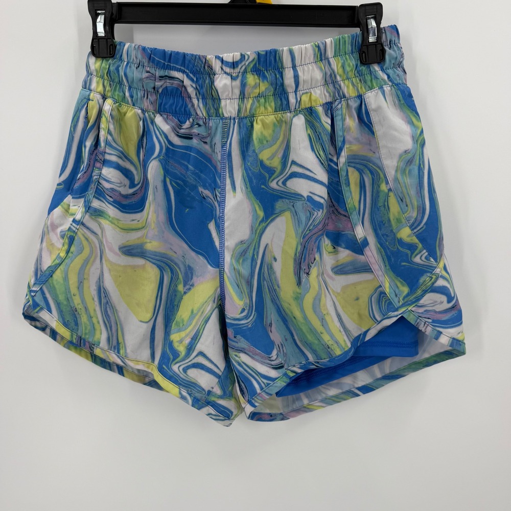 Avia Athletic Shorts Womens S Blue Yellow Marble Print Lined Running Gym